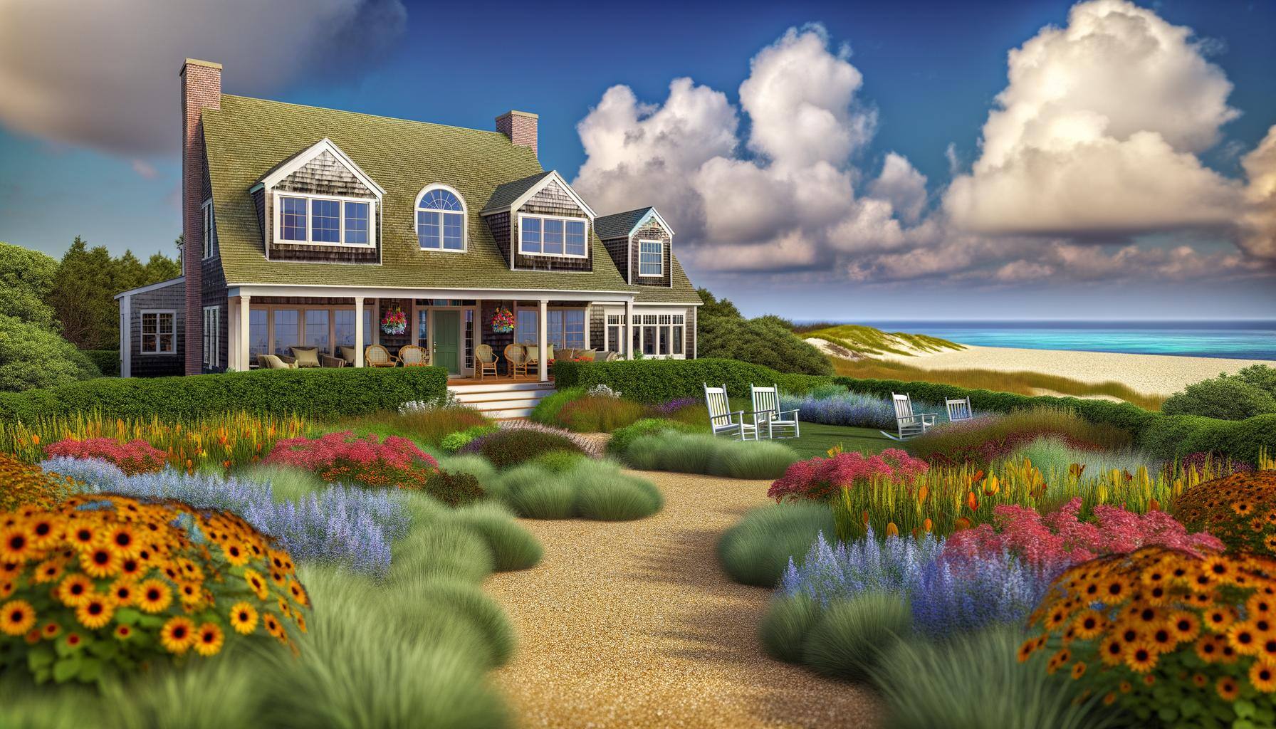 A picturesque Cape Cod landscape features a charming custom home nestled among lush greenery and vibrant wildflowers. The house showcases classic Cape